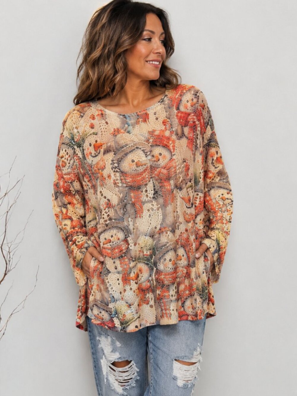 Boutique Snowman Sweater L Oversized Open Knit Christmas Holiday Lightweight NWT